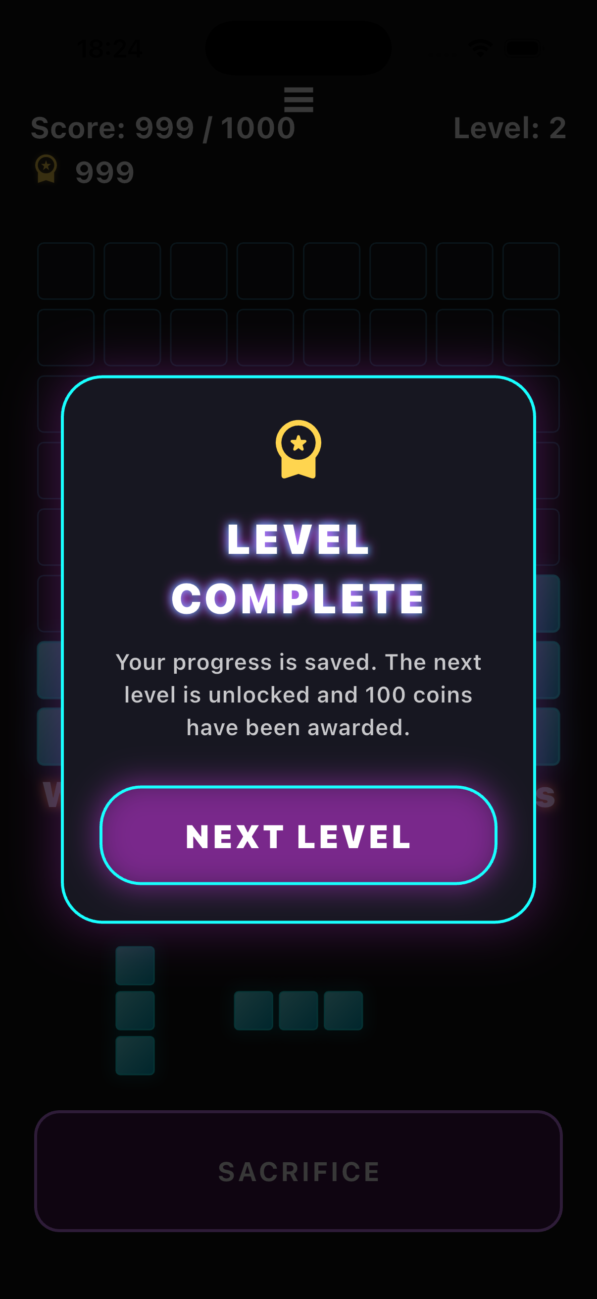 Screenshot showing the Blockverse level complete screen